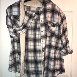 Fuzzy lined hooded Flannel button-up